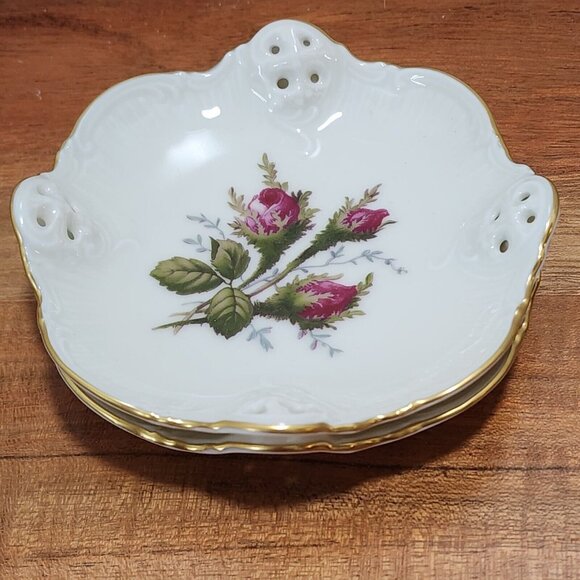 2 Rosenthal Germany Moss Rose Dish 4" pierced gold rim bowl nuts candy dipping f - Picture 3 of 12